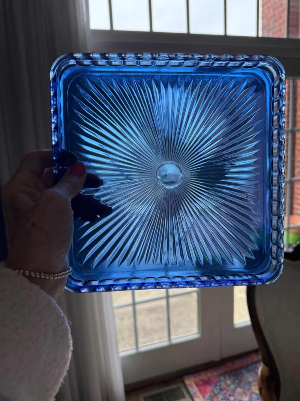 Blue Pressed Glass Starburst Square Serving Plate